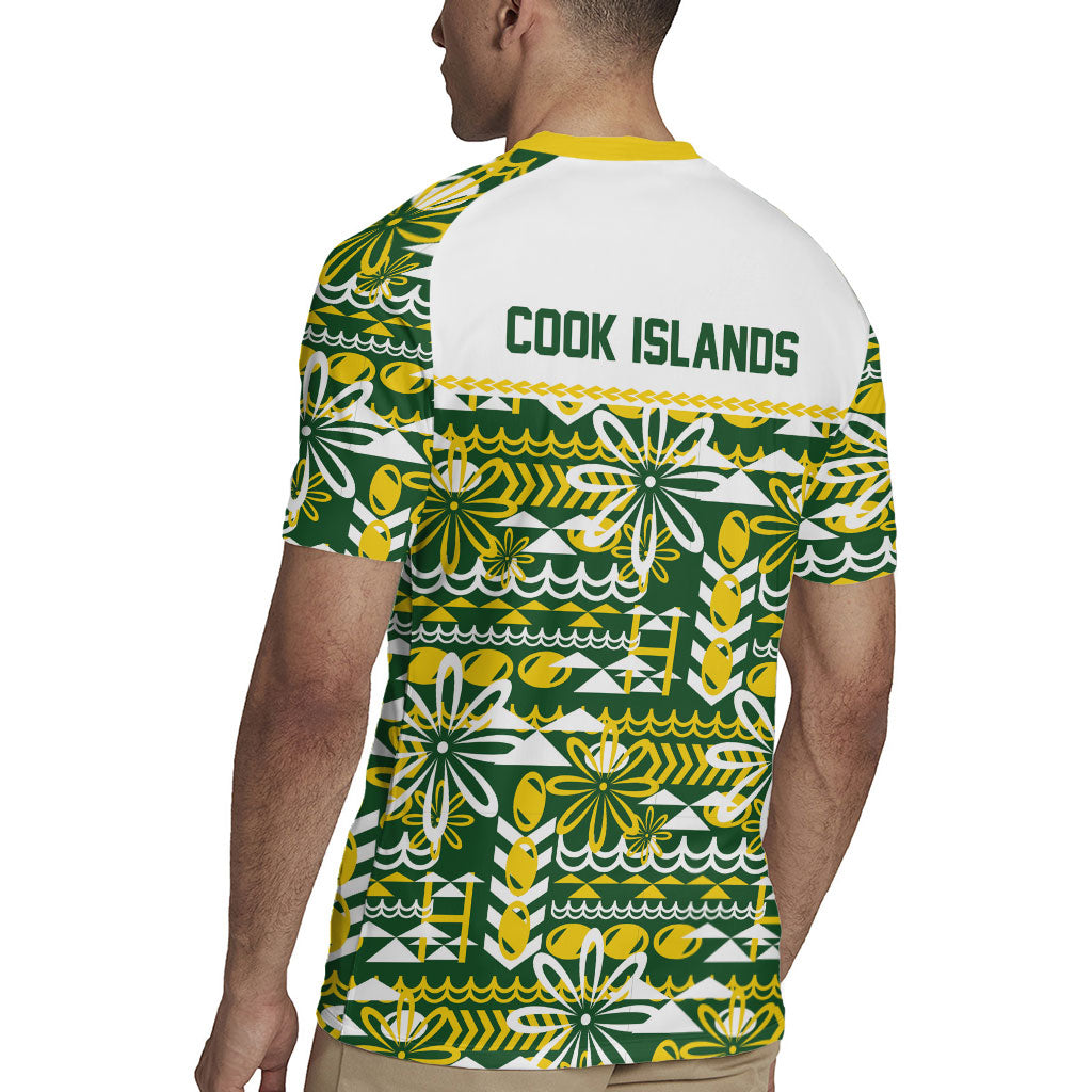 Cook Islands Island Floral Rugby Jersey Green Traditional Kuki's Geometric Pattern LT9 - Polynesian Pride