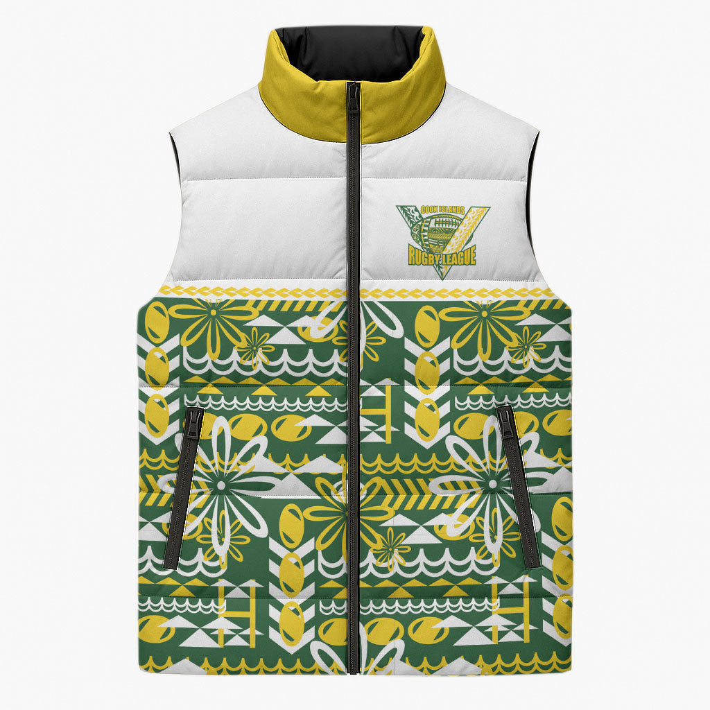 Cook Islands Island Floral Sleeveless Puffer Jacket Green Traditional Kuki's Geometric Pattern LT9 Unisex Green - Polynesian Pride