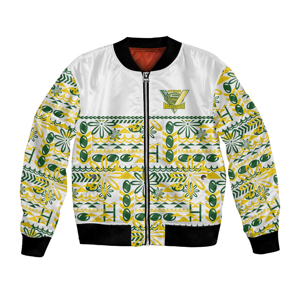 Cook Islands Island Floral Bomber Jacket White Traditional Kuki's Geometric Pattern LT9 Unisex White - Polynesian Pride