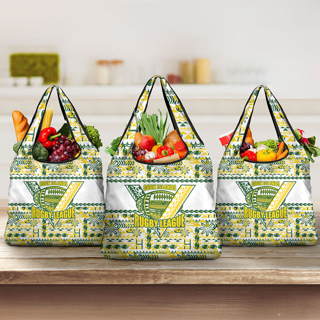 Cook Islands Island Floral Grocery Bag White Traditional Kuki's Geometric Pattern LT9 3-pack One Size White - Polynesian Pride