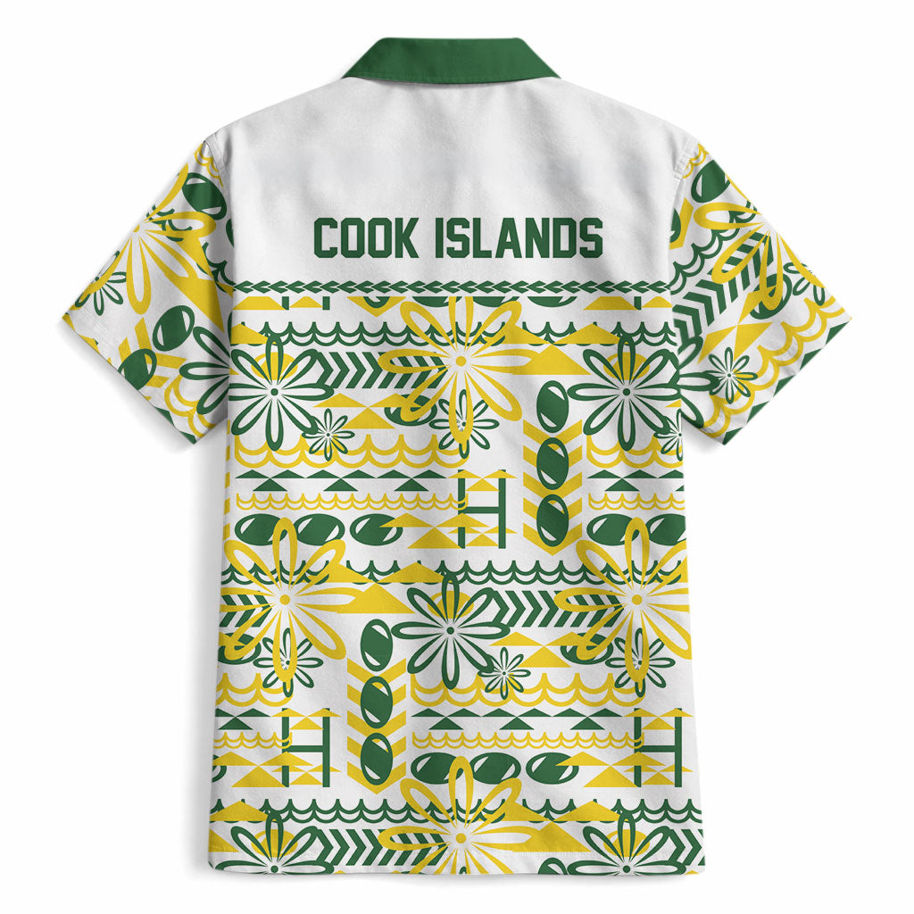 Cook Islands Island Floral Hawaiian Shirt White Traditional Kuki's Geometric Pattern LT9 - Polynesian Pride
