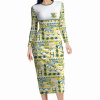 Cook Islands Island Floral Long Sleeve Bodycon Dress White Traditional Kuki's Geometric Pattern LT9 Long Dress White - Polynesian Pride