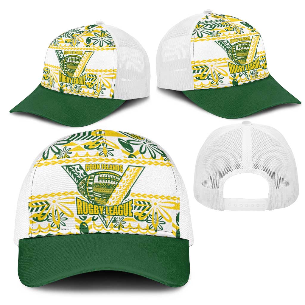 Cook Islands Island Floral Mesh Trucker Cap White Traditional Kuki's Geometric Pattern