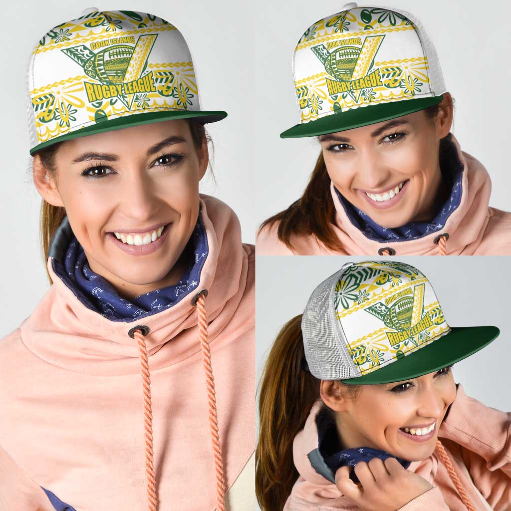 Cook Islands Island Floral Mesh Trucker Cap White Traditional Kuki's Geometric Pattern