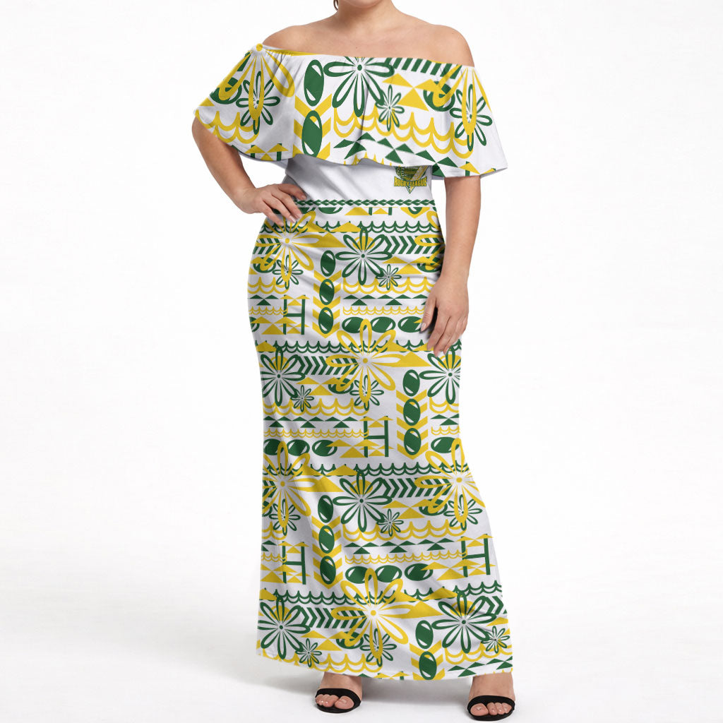 Cook Islands Island Floral Off Shoulder Maxi Dress White Traditional Kuki's Geometric Pattern LT9 Women White - Polynesian Pride