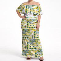Cook Islands Island Floral Off Shoulder Maxi Dress White Traditional Kuki's Geometric Pattern LT9 Women White - Polynesian Pride