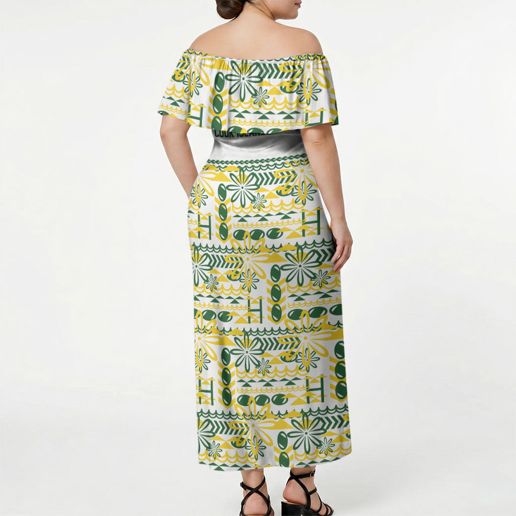 Cook Islands Island Floral Off Shoulder Maxi Dress White Traditional Kuki's Geometric Pattern LT9 - Polynesian Pride