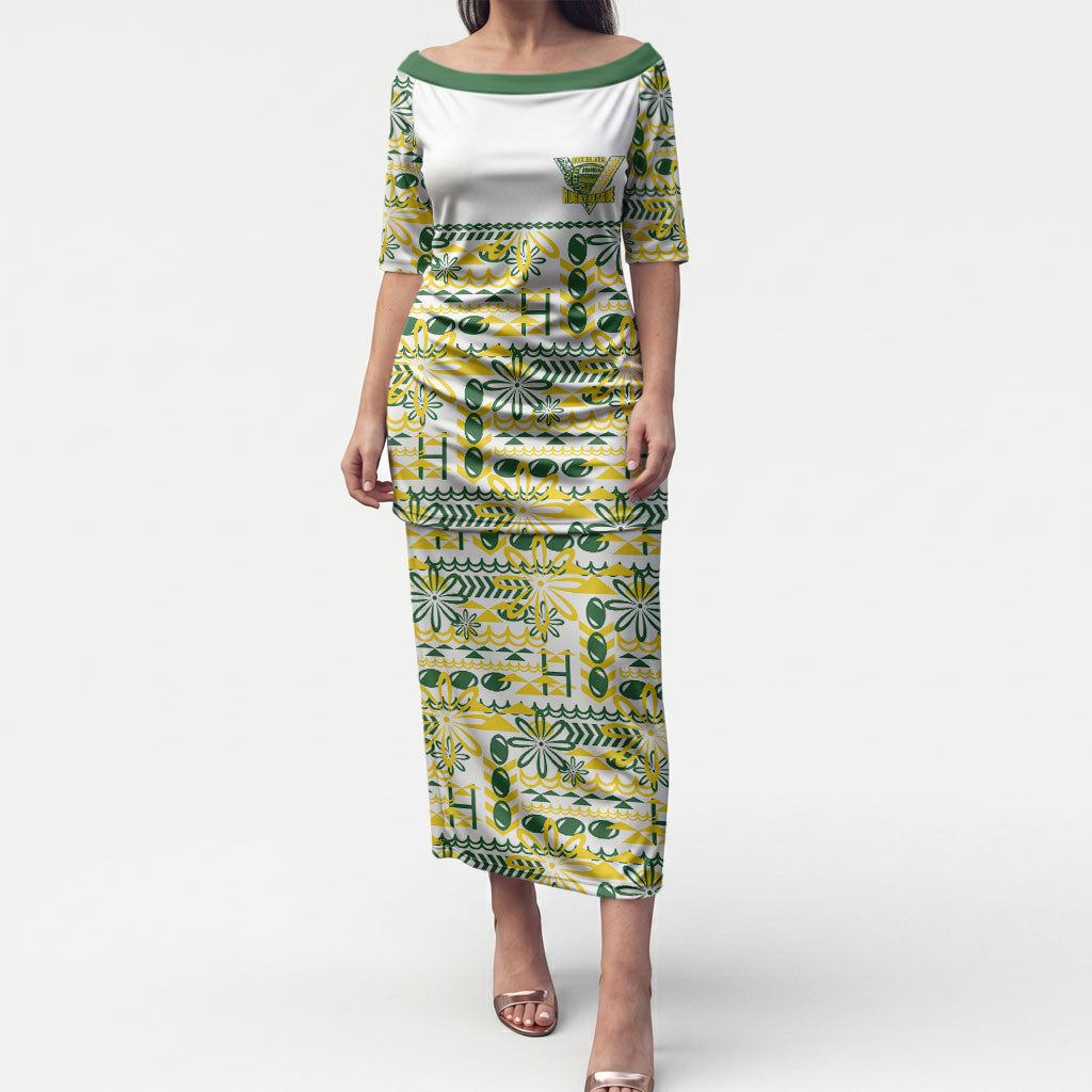 Cook Islands Island Floral Puletasi White Traditional Kuki's Geometric Pattern LT9 Long Dress White - Polynesian Pride