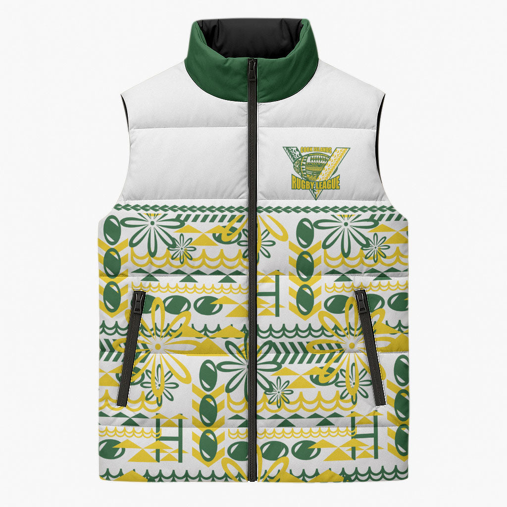 Cook Islands Island Floral Sleeveless Puffer Jacket White Traditional Kuki's Geometric Pattern LT9 Unisex White - Polynesian Pride