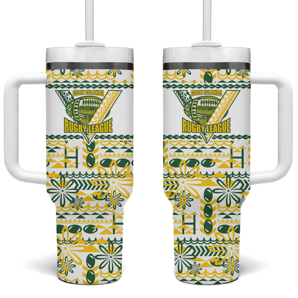 Cook Islands Island Floral Tumbler With Handle White Traditional Kuki's Geometric Pattern LT9 One Size: 40 oz White - Polynesian Pride