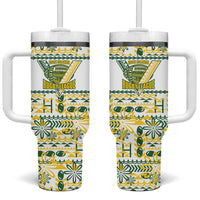 Cook Islands Island Floral Tumbler With Handle White Traditional Kuki's Geometric Pattern LT9 One Size: 40 oz White - Polynesian Pride