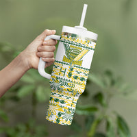 Cook Islands Island Floral Tumbler With Handle White Traditional Kuki's Geometric Pattern LT9 - Polynesian Pride