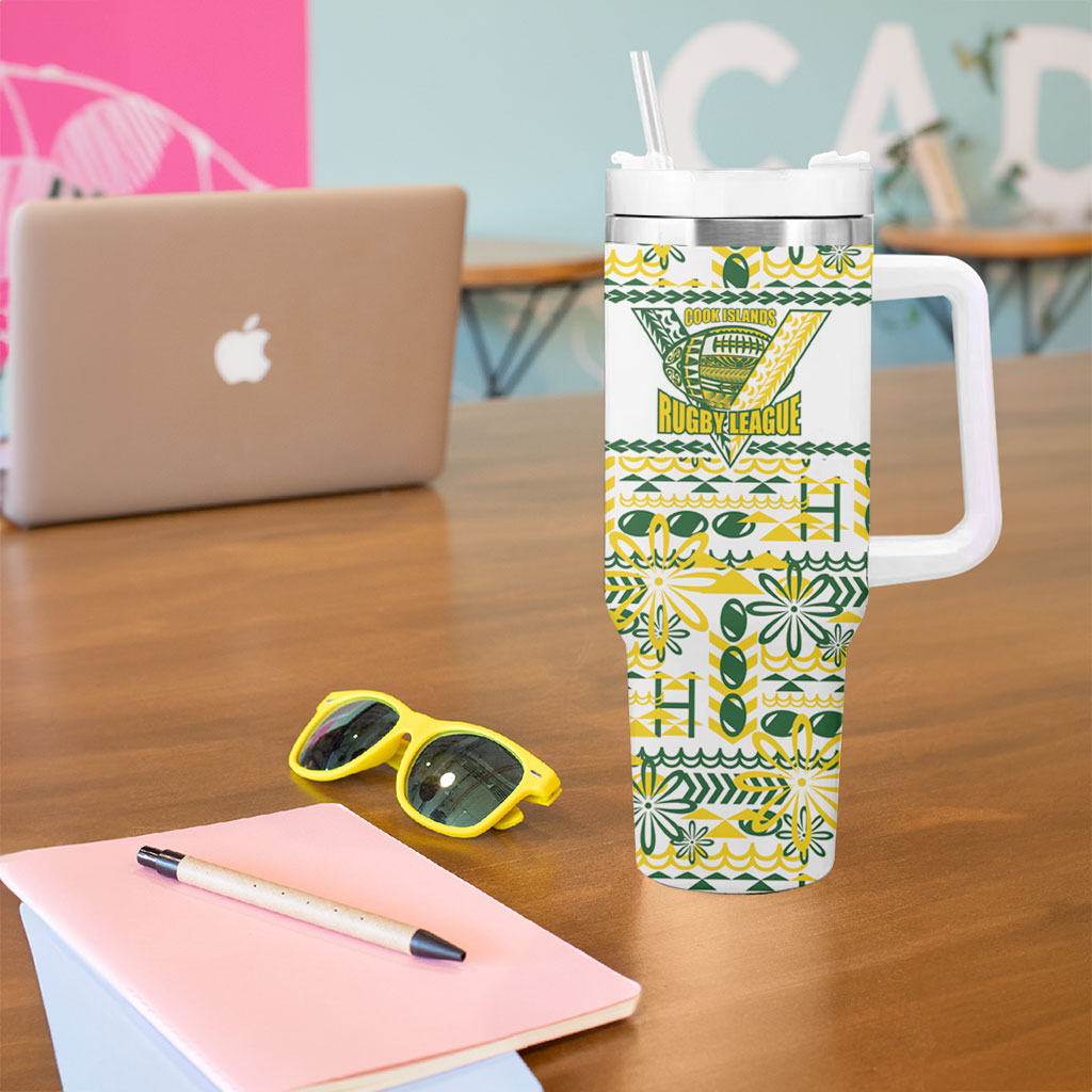 Cook Islands Island Floral Tumbler With Handle White Traditional Kuki's Geometric Pattern LT9 - Polynesian Pride
