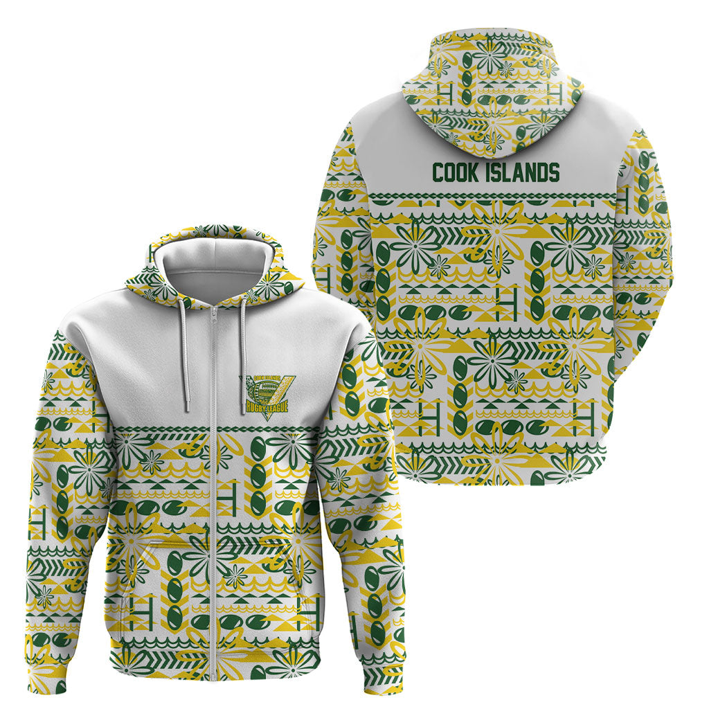 Cook Islands Island Floral Zip Hoodie White Traditional Kuki's Geometric Pattern LT9 - Polynesian Pride
