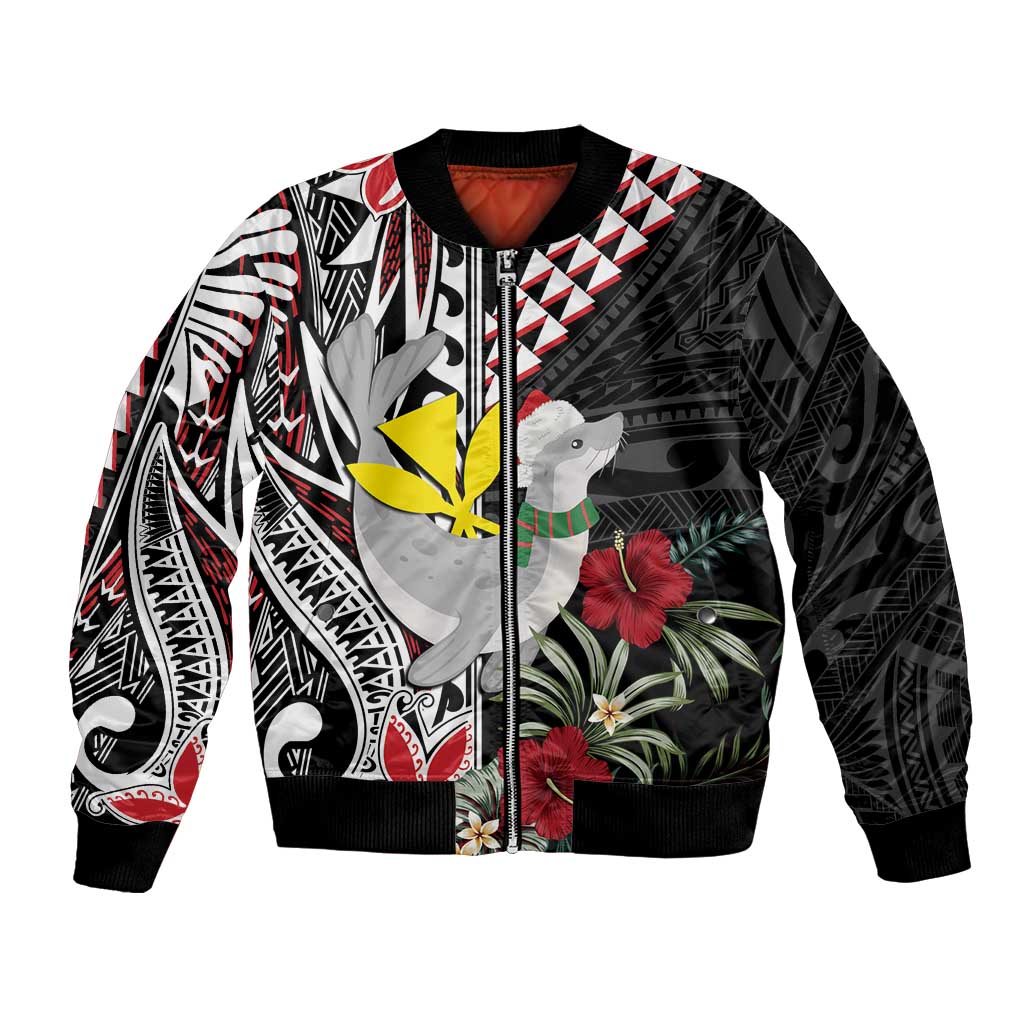 Hawaii Monk Seal Santa Bomber Jacket Hibiscus Kakau Pattern Mele Kalikimaka