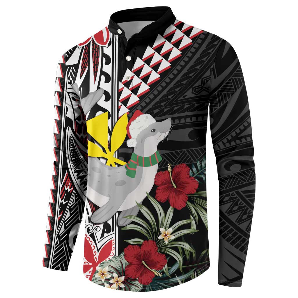 Hawaii Monk Seal Santa Button Sweatshirt Hibiscus Kakau Pattern Mele Kalikimaka