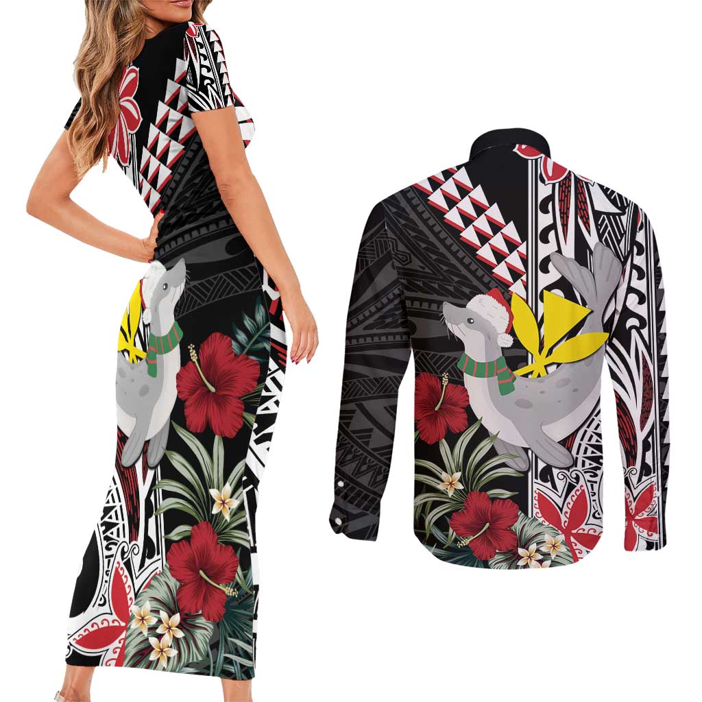 Hawaii Monk Seal Santa Couples Matching Short Sleeve Bodycon Dress and Long Sleeve Button Shirt Hibiscus Kakau Pattern Mele Kalikimaka