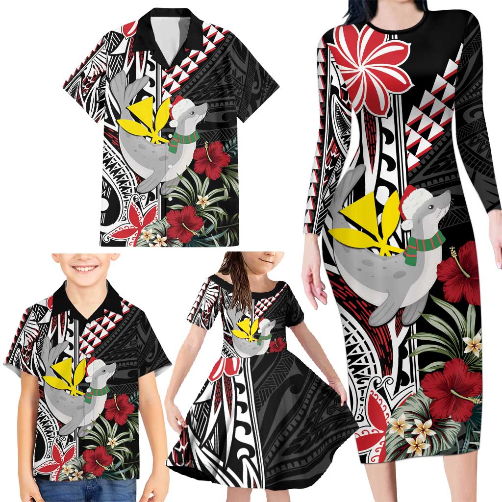 Hawaii Monk Seal Santa Family Matching Long Sleeve Bodycon Dress and Hawaiian Shirt Hibiscus Kakau Pattern Mele Kalikimaka