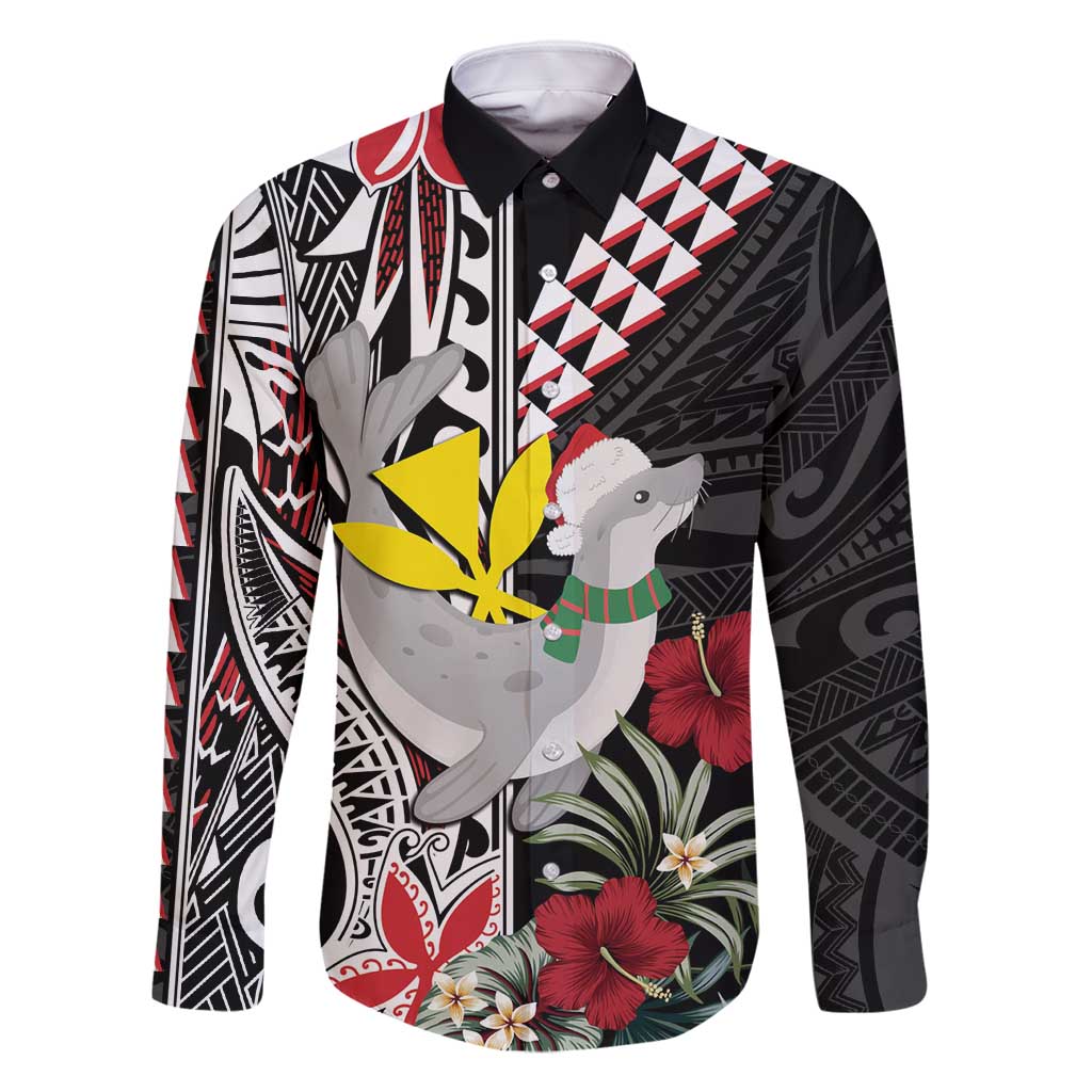 Hawaii Monk Seal Santa Family Matching Long Sleeve Bodycon Dress and Hawaiian Shirt Hibiscus Kakau Pattern Mele Kalikimaka LT9 Dad's Shirt - Long Sleeve Black - Polynesian Pride