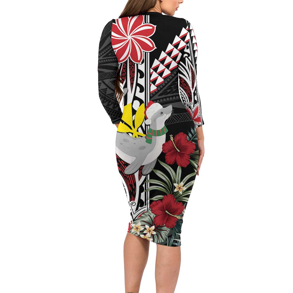 Hawaii Monk Seal Santa Family Matching Long Sleeve Bodycon Dress and Hawaiian Shirt Hibiscus Kakau Pattern Mele Kalikimaka LT9 - Polynesian Pride