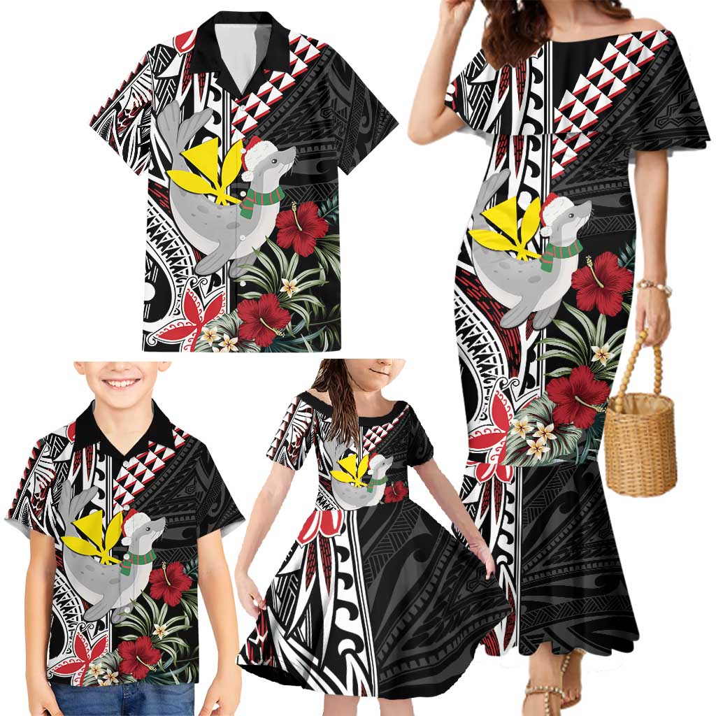 Hawaii Monk Seal Santa Family Matching Mermaid Dress and Hawaiian Shirt Hibiscus Kakau Pattern Mele Kalikimaka