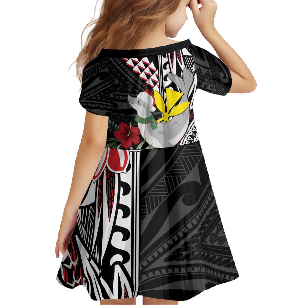 Hawaii Monk Seal Santa Family Matching Off Shoulder Maxi Dress and Hawaiian Shirt Hibiscus Kakau Pattern Mele Kalikimaka