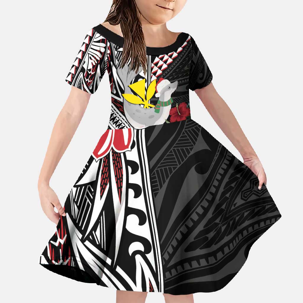 Hawaii Monk Seal Santa Family Matching Short Sleeve Bodycon Dress and Hawaiian Shirt Hibiscus Kakau Pattern Mele Kalikimaka LT9 Daughter's Dress Black - Polynesian Pride