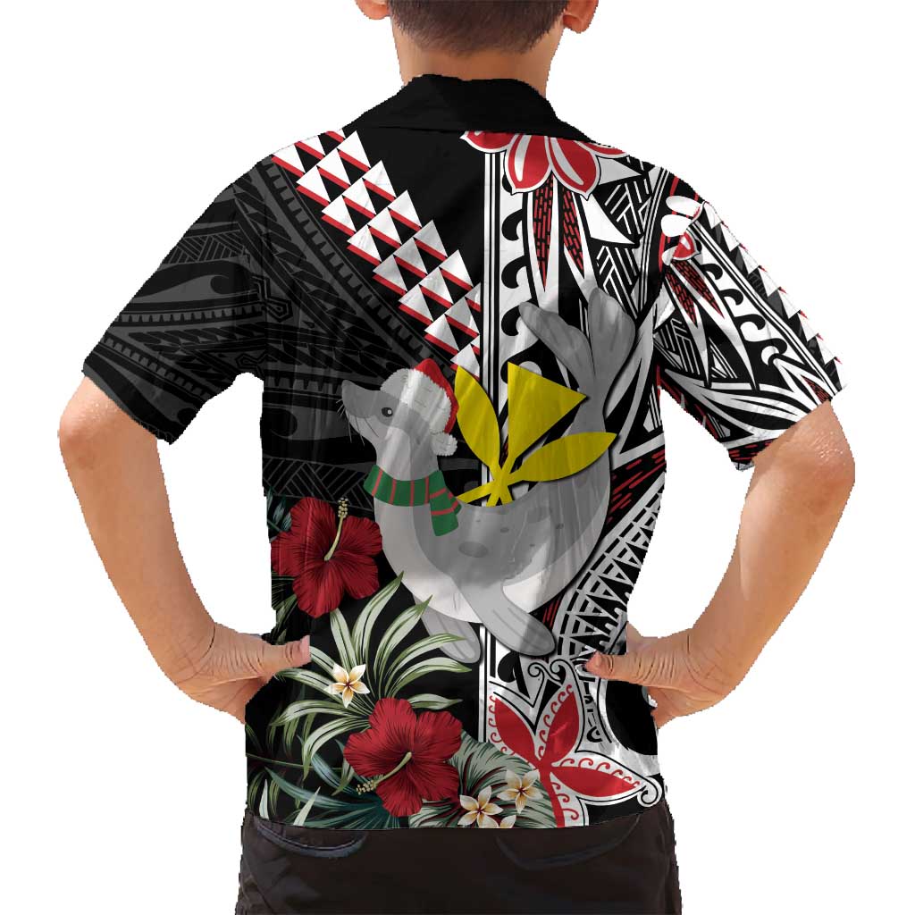 Hawaii Monk Seal Santa Family Matching Summer Maxi Dress and Hawaiian Shirt Hibiscus Kakau Pattern Mele Kalikimaka