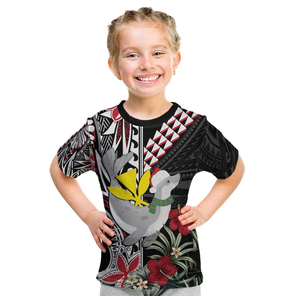 Hawaii Monk Seal Santa Kid T Shirt Hibiscus Kakau Pattern Mele Kalikimaka