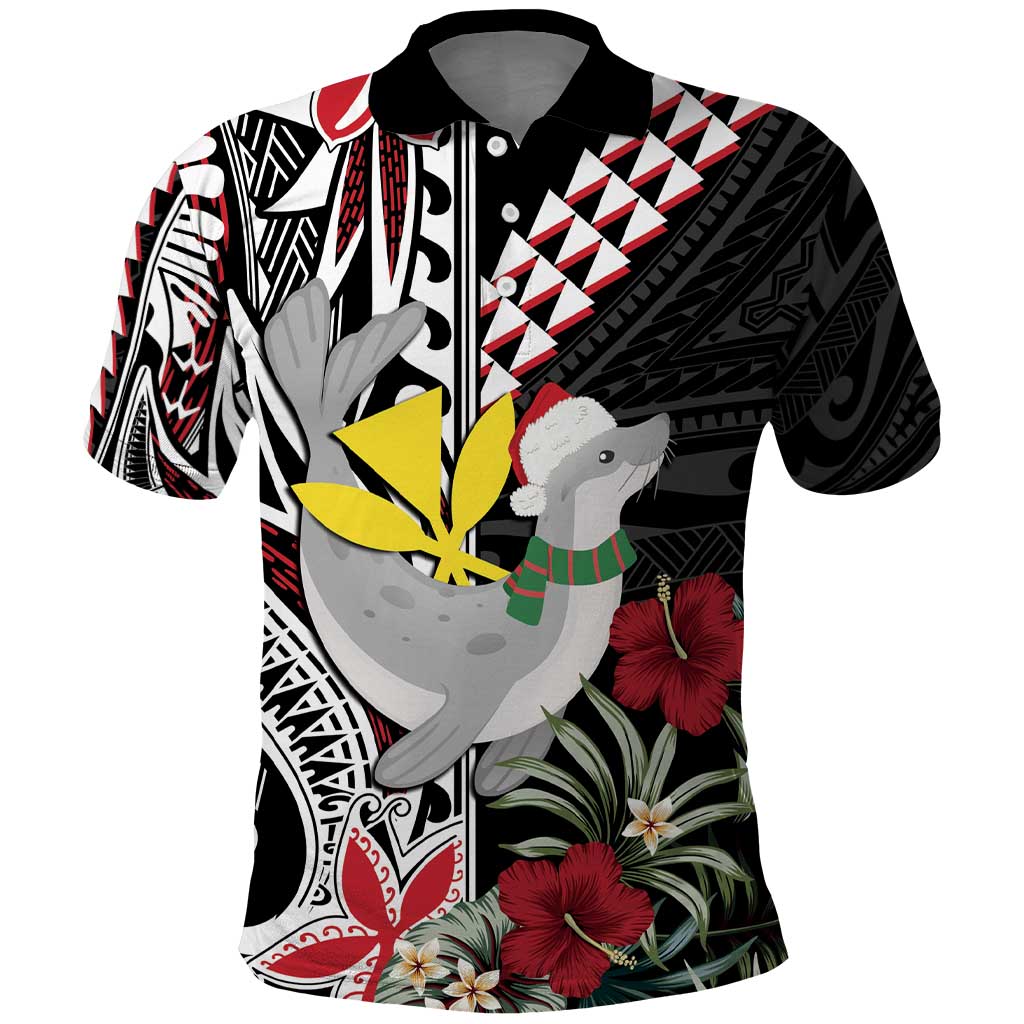 Hawaii Monk Seal Santa Polo Shirt Hibiscus Kakau Pattern Mele Kalikimaka