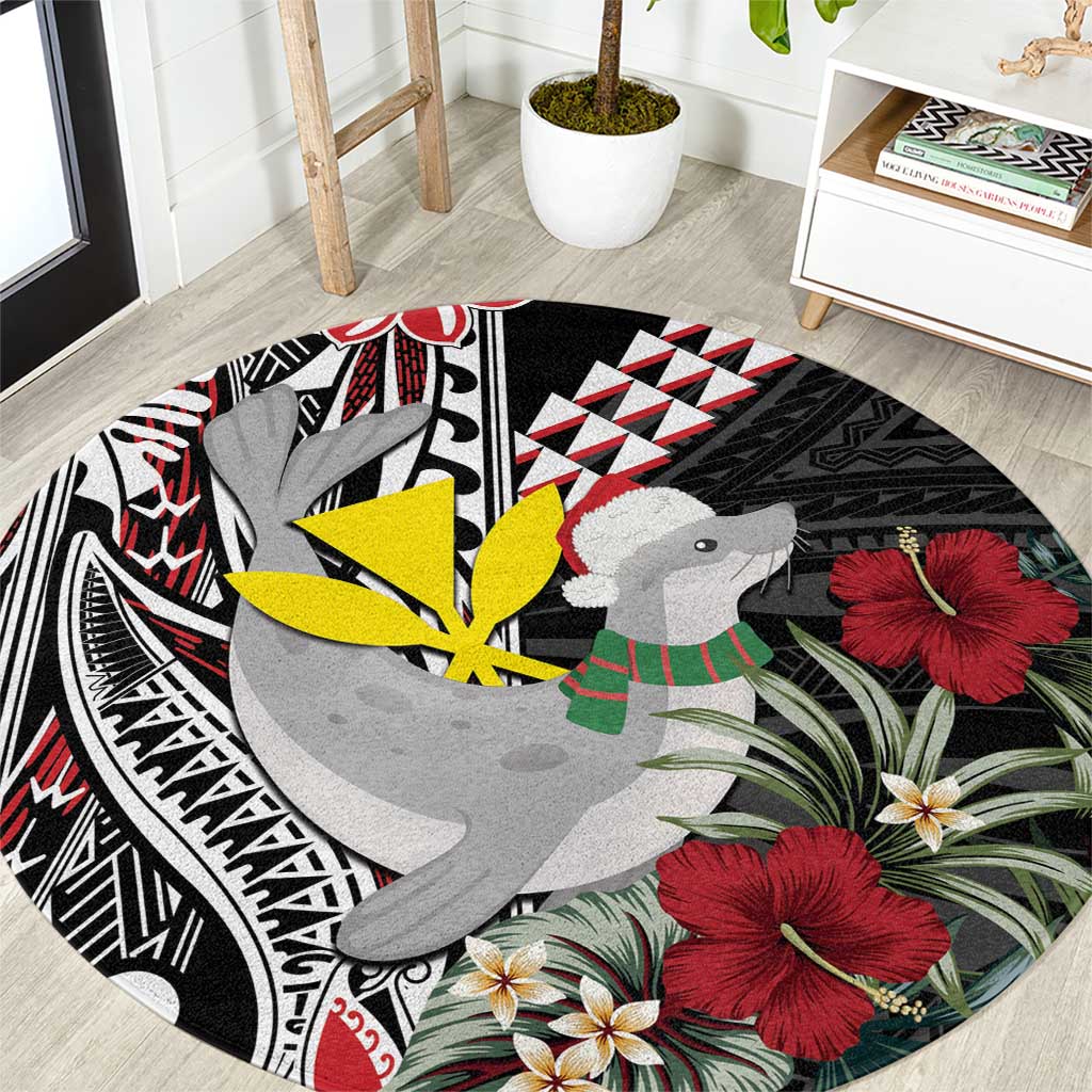 Hawaii Monk Seal Santa Round Carpet Hibiscus Kakau Pattern Mele Kalikimaka