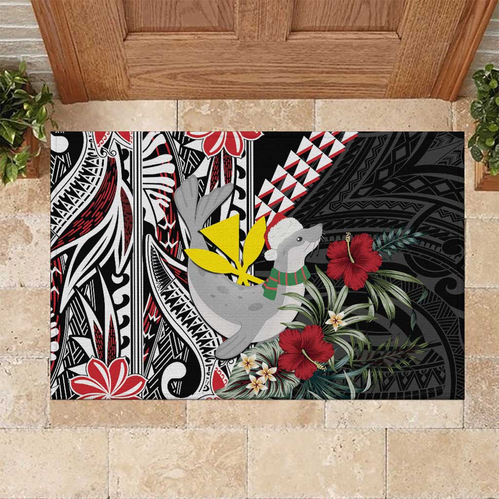 Hawaii Monk Seal Santa Rubber Doormat Hibiscus Kakau Pattern Mele Kalikimaka