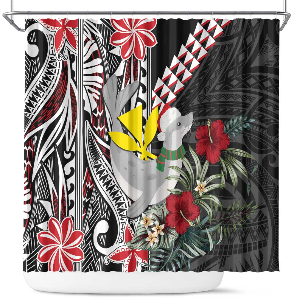 Hawaii Monk Seal Santa Shower Curtain Hibiscus Kakau Pattern Mele Kalikimaka