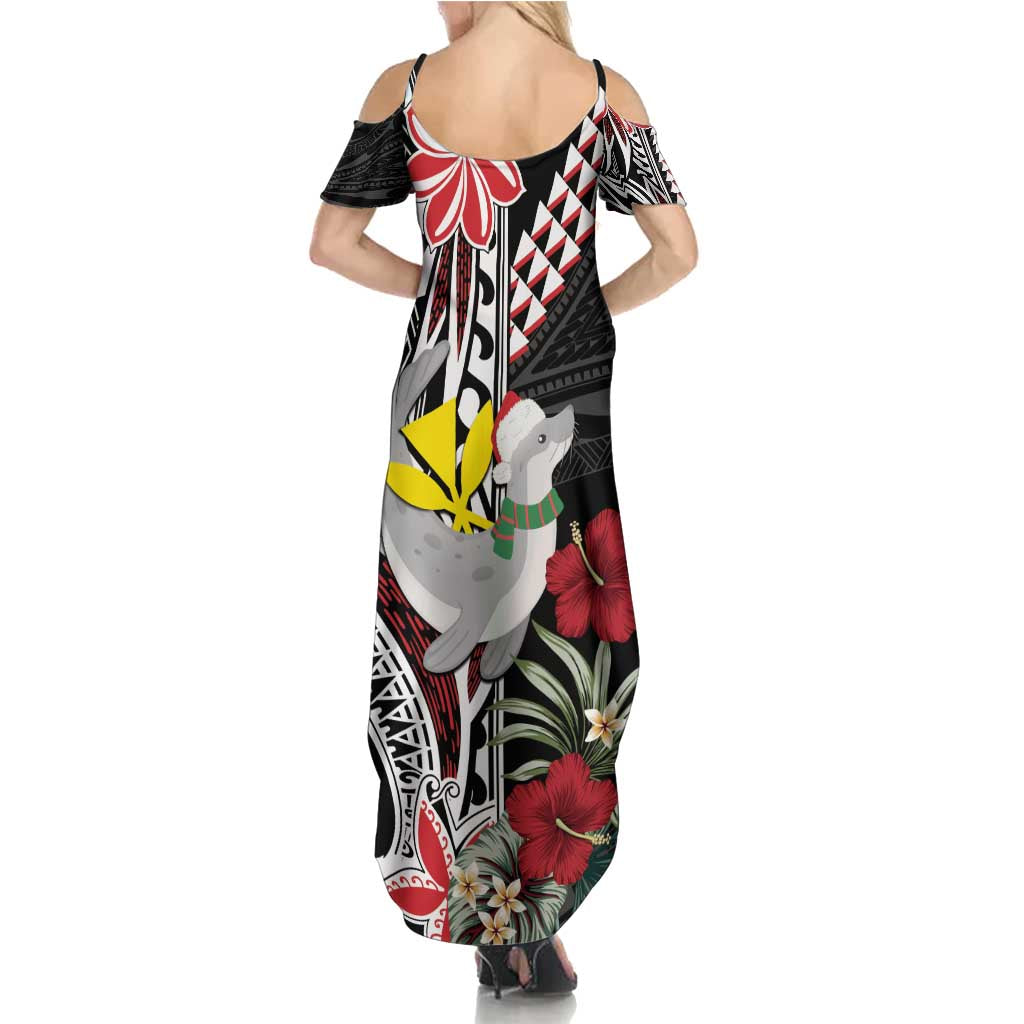 Hawaii Monk Seal Santa Summer Maxi Dress Hibiscus Kakau Pattern Mele Kalikimaka