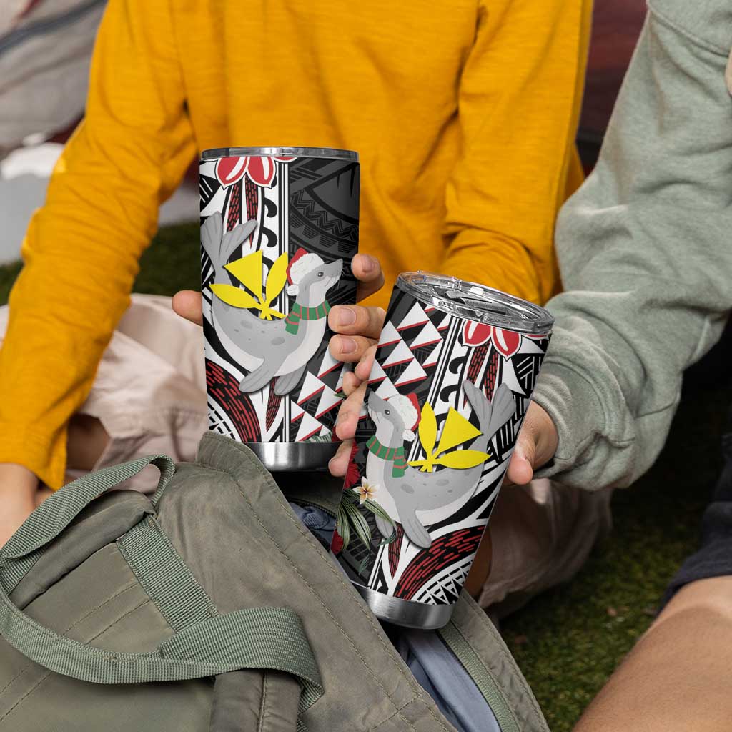 Hawaii Monk Seal Santa Tumbler Cup Hibiscus Kakau Pattern Mele Kalikimaka