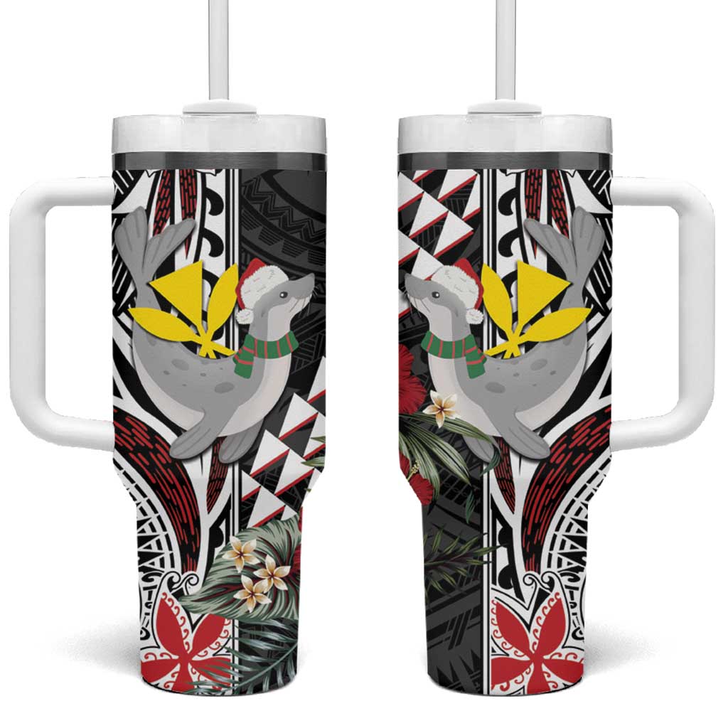 Hawaii Monk Seal Santa Tumbler With Handle Hibiscus Kakau Pattern Mele Kalikimaka