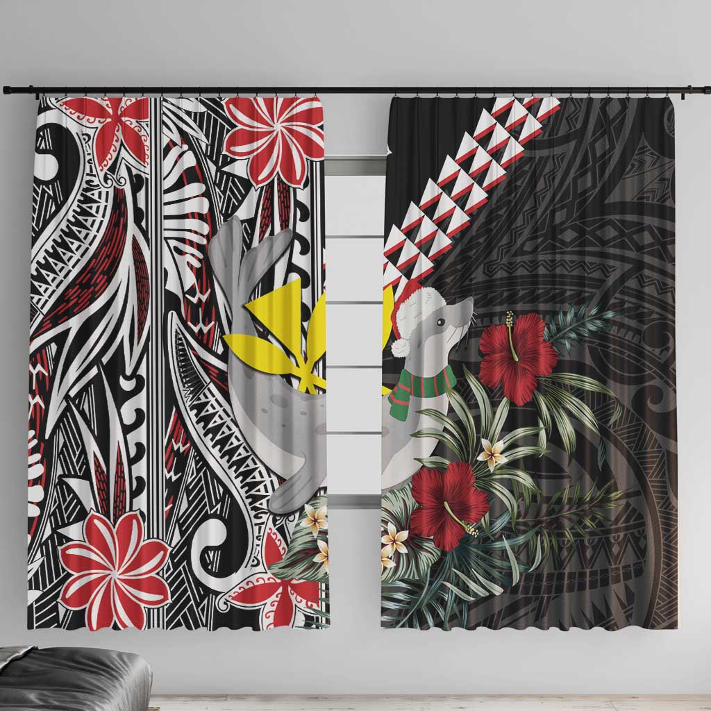 Hawaii Monk Seal Santa Window Curtain Hibiscus Kakau Pattern Mele Kalikimaka