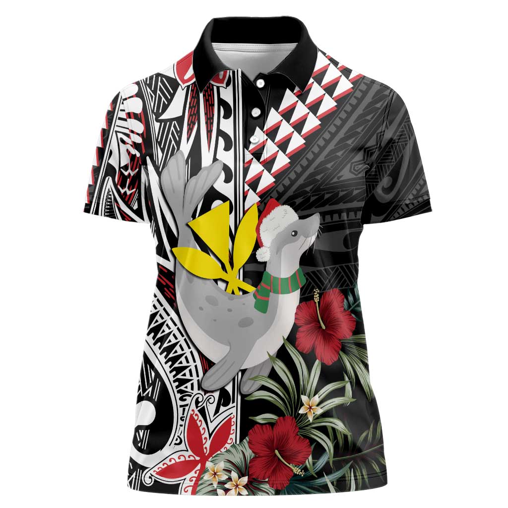 Hawaii Monk Seal Santa Women Polo Shirt Hibiscus Kakau Pattern Mele Kalikimaka