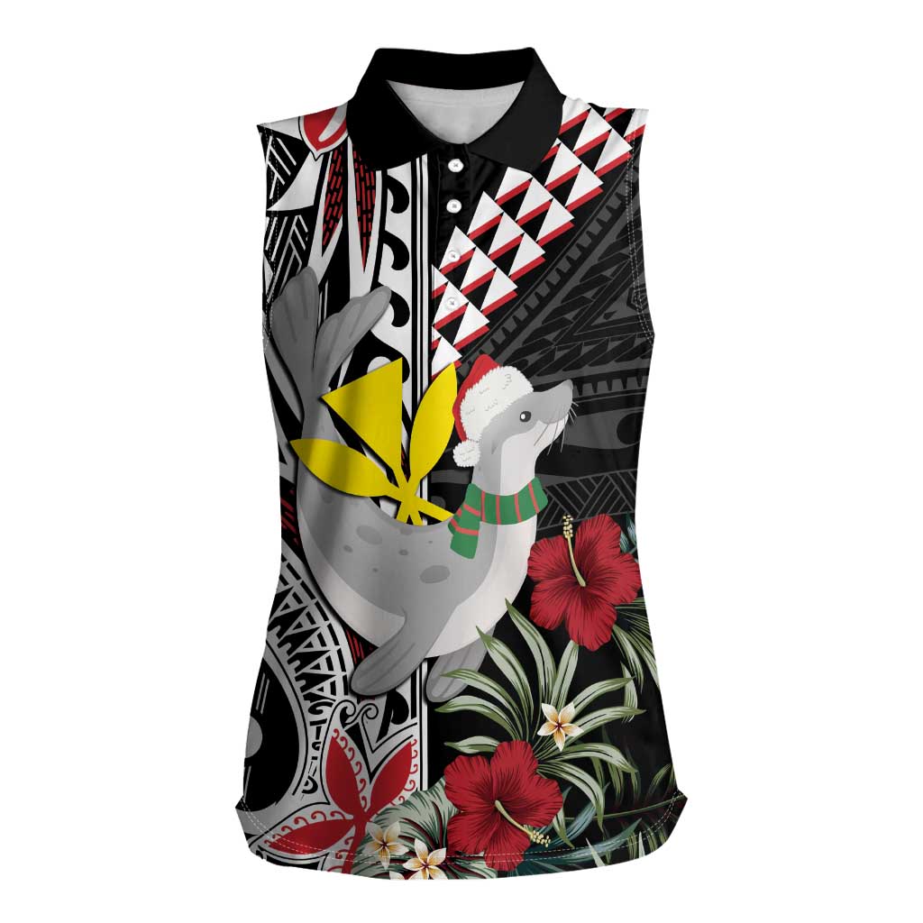 Hawaii Monk Seal Santa Women Sleeveless Polo Shirt Hibiscus Kakau Pattern Mele Kalikimaka