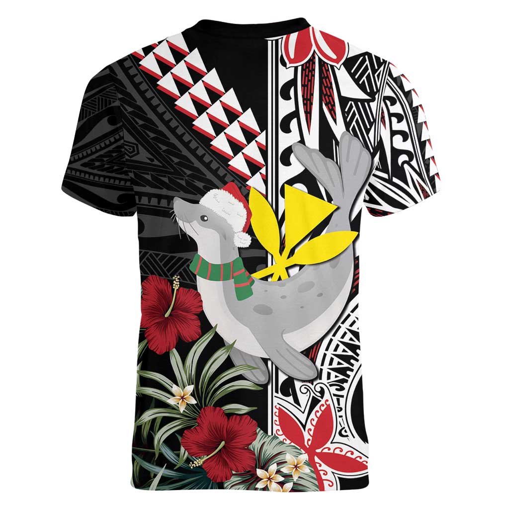 Hawaii Monk Seal Santa Women V-Neck T-Shirt Hibiscus Kakau Pattern Mele Kalikimaka
