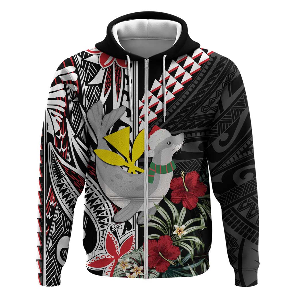 Hawaii Monk Seal Santa Zip Hoodie Hibiscus Kakau Pattern Mele Kalikimaka