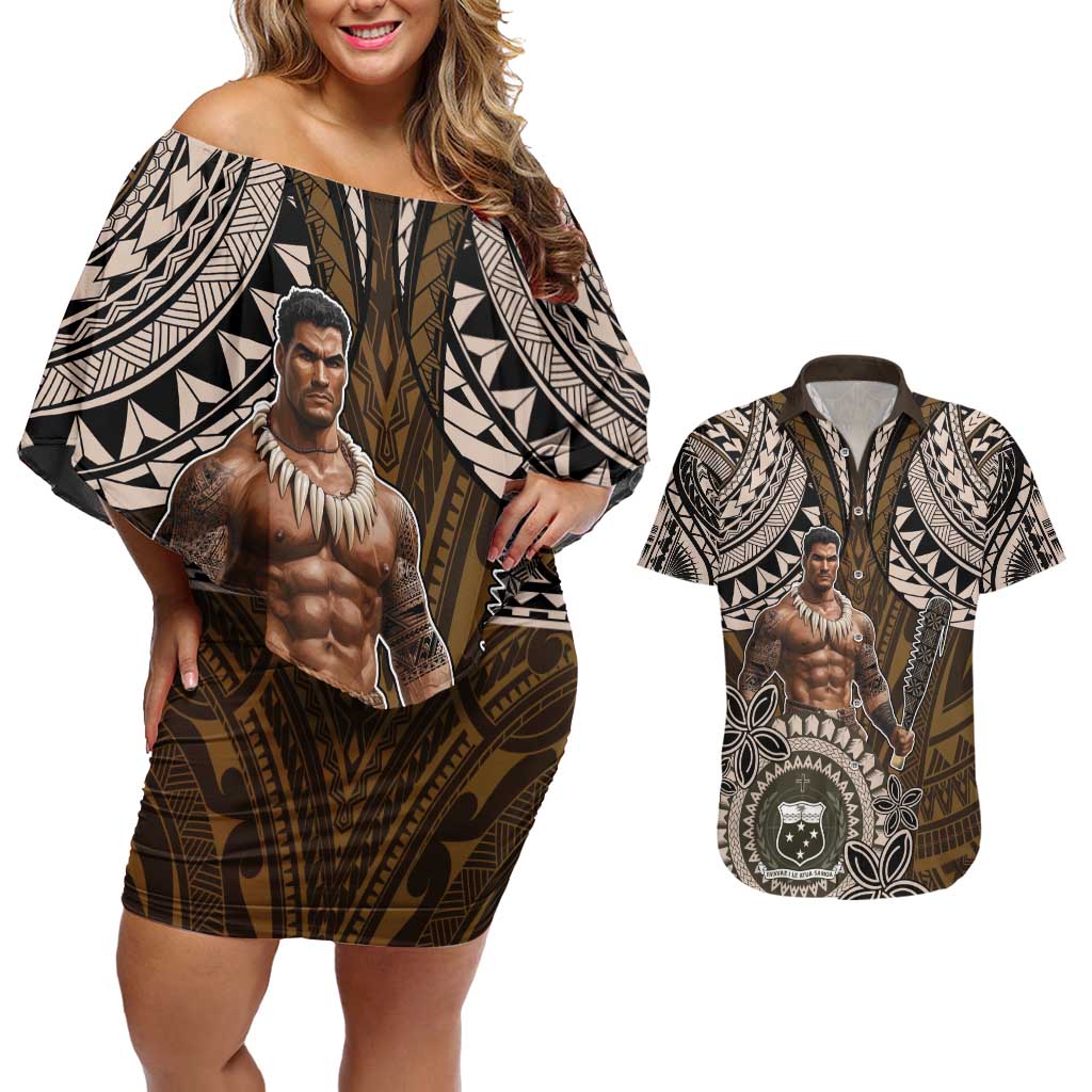 Samoa Warrior Couples Matching Off Shoulder Short Dress and Hawaiian Shirt The Mighty Samoan Warrior Spirit