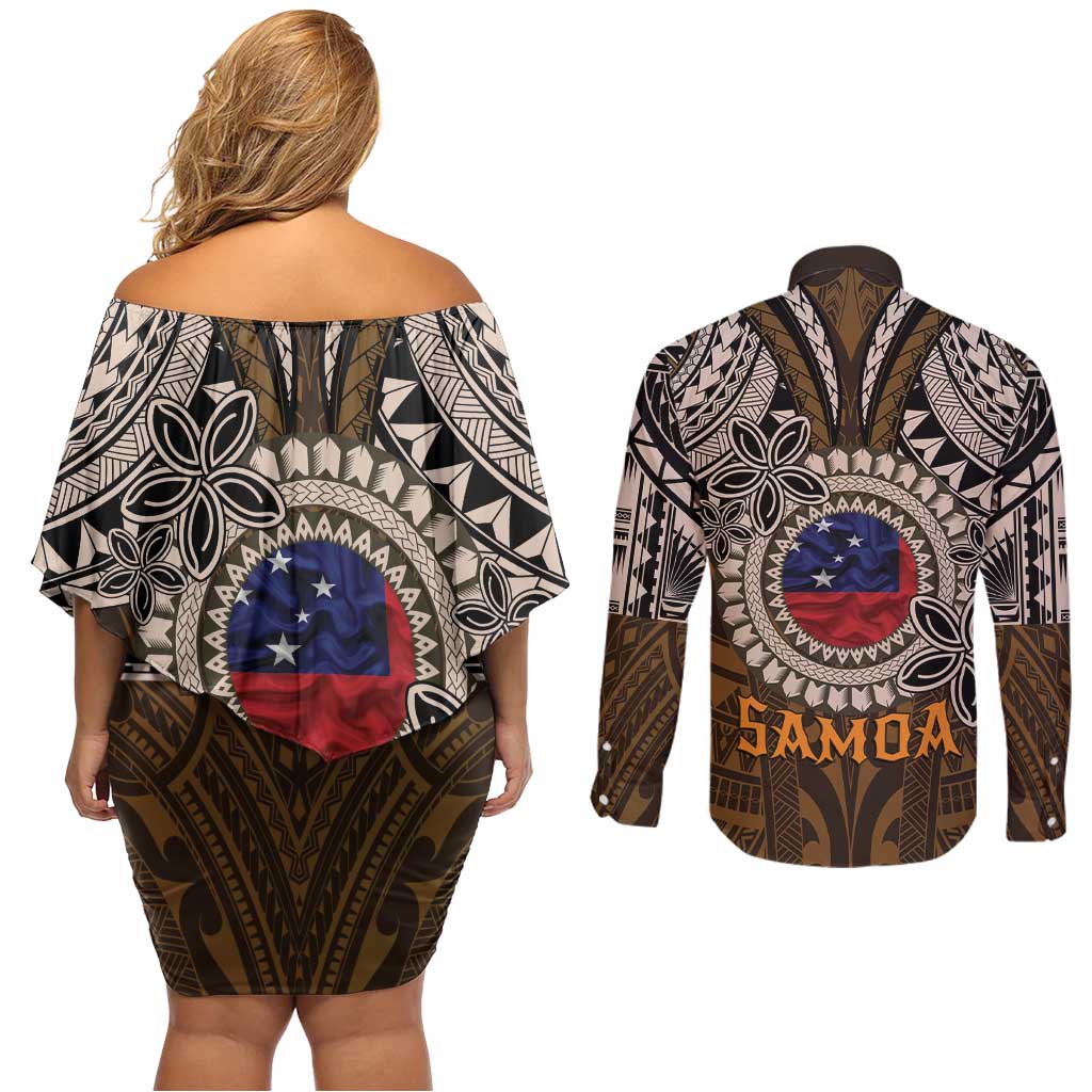 Samoa Warrior Couples Matching Off Shoulder Short Dress and Long Sleeve Button Shirt The Mighty Samoan Warrior Spirit