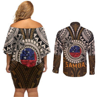 Samoa Warrior Couples Matching Off Shoulder Short Dress and Long Sleeve Button Shirt The Mighty Samoan Warrior Spirit