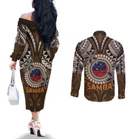 Samoa Warrior Couples Matching Off The Shoulder Long Sleeve Dress and Long Sleeve Button Shirt The Mighty Samoan Warrior Spirit