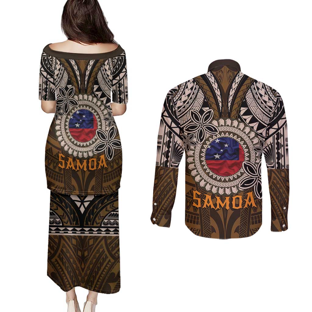 Samoa Warrior Couples Matching Puletasi and Long Sleeve Button Shirt The Mighty Samoan Warrior Spirit