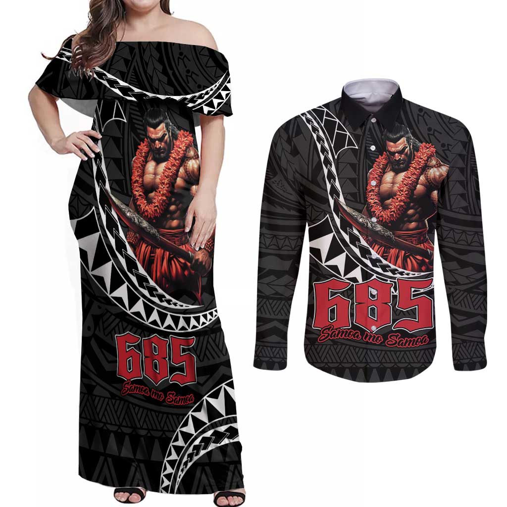 Samoan Pride Polynesian Tribal Warrior Couples Matching Off Shoulder Maxi Dress and Long Sleeve Button Shirt 685 Samoa Mo Samoa