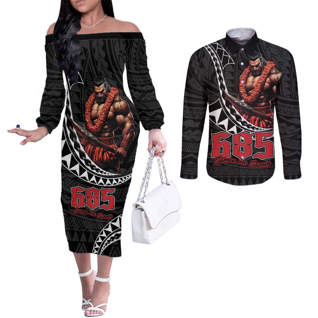 Samoan Pride Polynesian Tribal Warrior Couples Matching Off The Shoulder Long Sleeve Dress and Long Sleeve Button Shirt 685 Samoa Mo Samoa