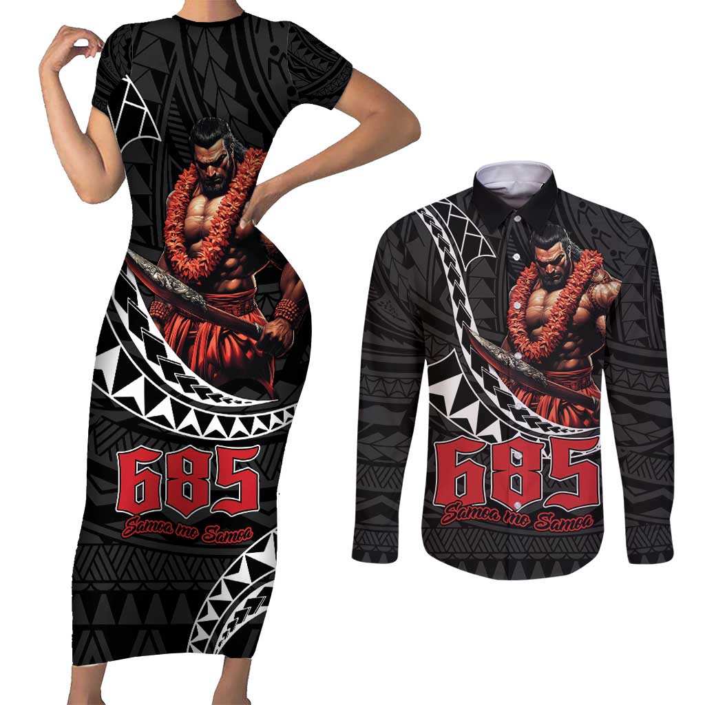 Samoan Pride Polynesian Tribal Warrior Couples Matching Short Sleeve Bodycon Dress and Long Sleeve Button Shirt 685 Samoa Mo Samoa