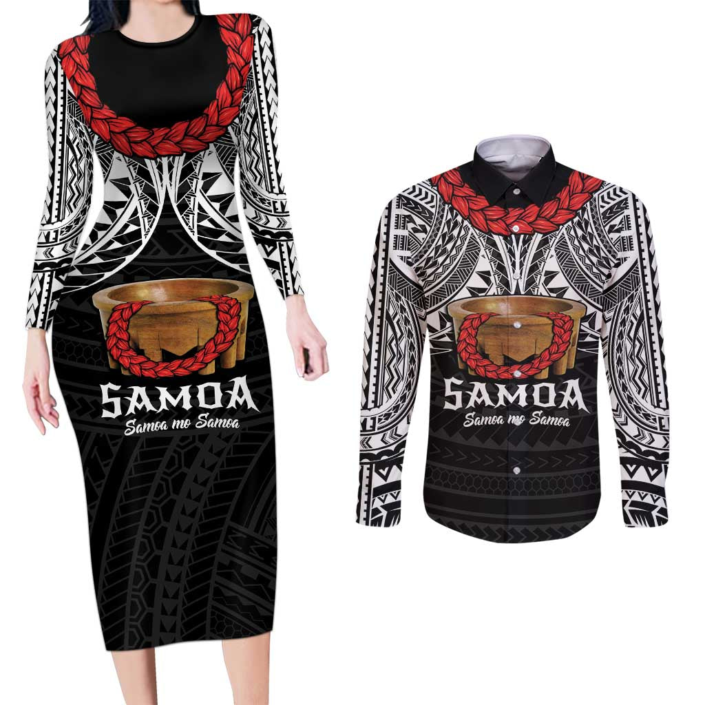 Samoan Tanoa Kava Bowl Ula Fala Couples Matching Long Sleeve Bodycon Dress and Long Sleeve Button Shirt Polynesian Tribal Vibe